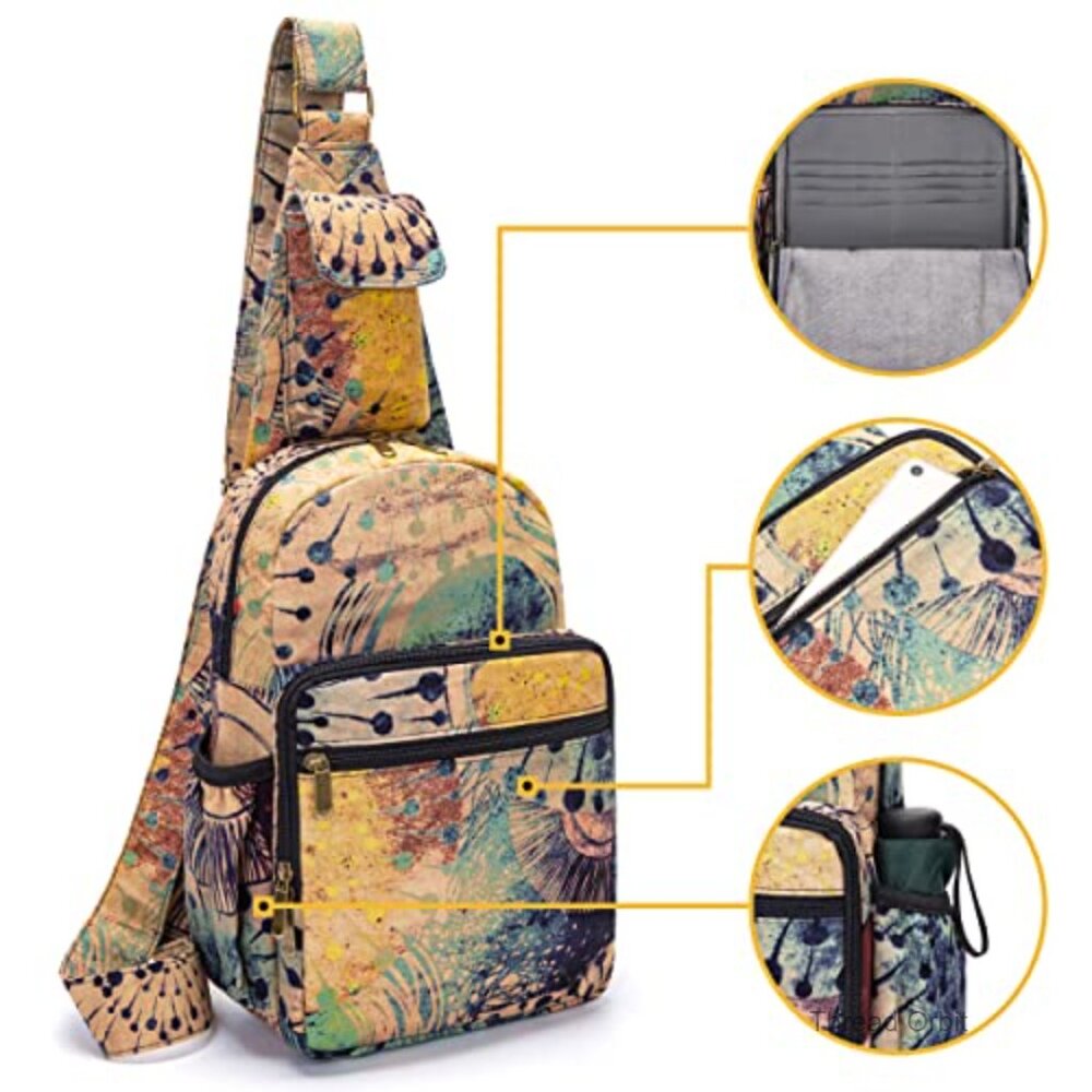 Large Bohemian Canvas Crossbody Backpack with Adjustable Strap, 6 Pockets - Picture 4 of 6